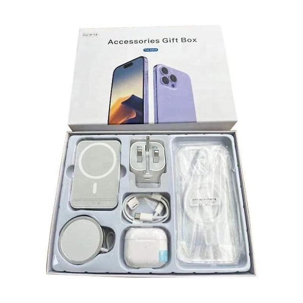 6 i 1 gaveeskesett for Iphone trådløs lader + magnetkabel + datakabel + reiselader + telefonveske + skjermbeskytter (ip