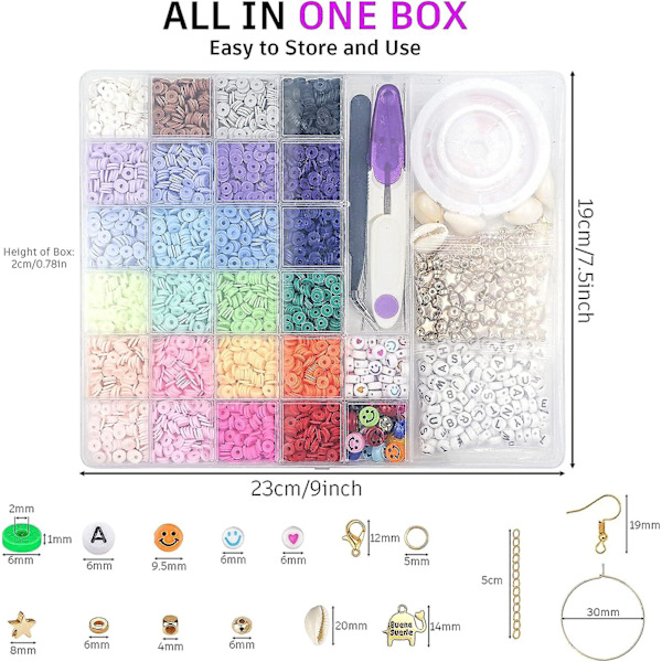 6000 stk leireperler for armbåndlaging, 24 farger flate runde polymerleireperler 6mm mellomperler Heishi-perler med anhengssett og elastiske tråder F