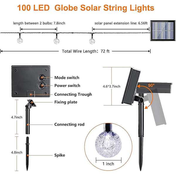 Køligt Hvid 100led 72ft Solcelledrevet Solstrenglys Udendørs Strømførende Terrasselys Med 8 Lystilstande, Vandafvisende Krystal Globe Lys