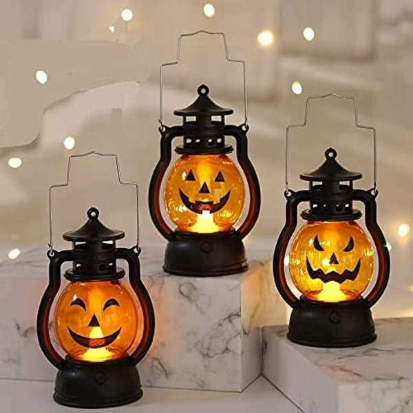 3 stk Mini Halloween Gresskar Lyslykt LED Lys Gresskar for Halloween Dekorasjoner Innendørs og Utendørs Hage Plen Fest