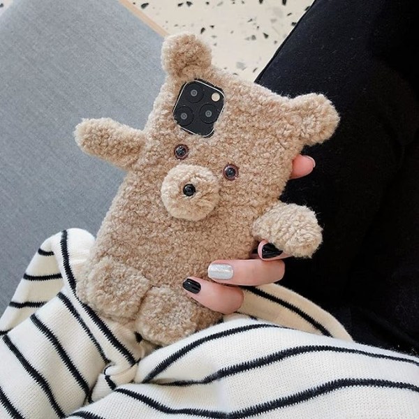 Cute Plush Cartoon Bear Mobiltelefondeksel til iPhone 12Mini Pro Max 7 8 Plus XR XS 11Pro Max Silikon mykt bakdeksel, lysebrun, for iphone12Pro