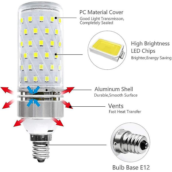 E12 LED-lampa, 16 W LED-kronljuslampor, 1500 lm, varmvit 6000 K, motsvarande 120 W glödlampa, Cri80+ Candelabra LED-lampor,