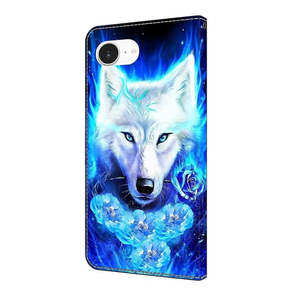 För iPhone 16e Läderfodral Mönstertryck Plånboksställ Flip Telefonfodral White Wolf