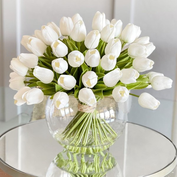 Kunstige Tulipaner Blomster, Kunstige Blomster Kunstige Tulipaner 12 stk Hvite Tulipaner Real Touch Brude Bryllup Bukett for Hjem Hage Fest Flo
