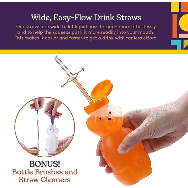 Kryc-honey Bear Straw Cup Lange sugerør, 3-paks komprimerbar terapi og særlige behov drikkevarebeholder, spildsikker og lækagebestandigt låg