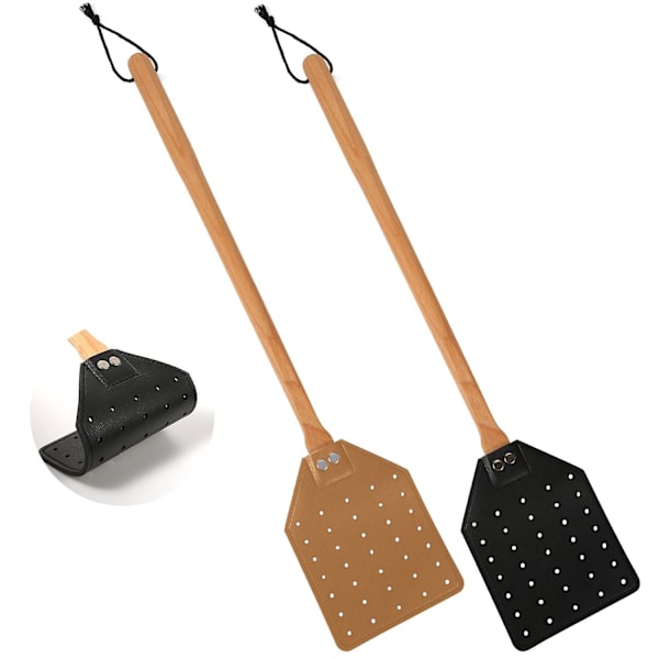2 stk. Fluesmekker i skinn med hengesnor, 49,5 cm lang fluesmekker med kraftig treskaft, vepsefanger for innendørs og utendørs (svart, brun)