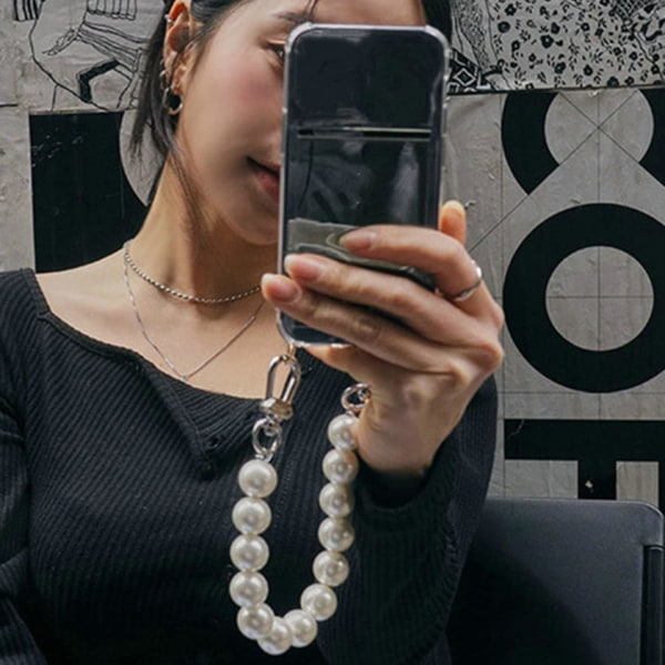 Enkelt mobiltelefonsnodd Pearl Beads Modetelefonarmband för kvinnor och flickor Telefonberlocker Estetisk, vit