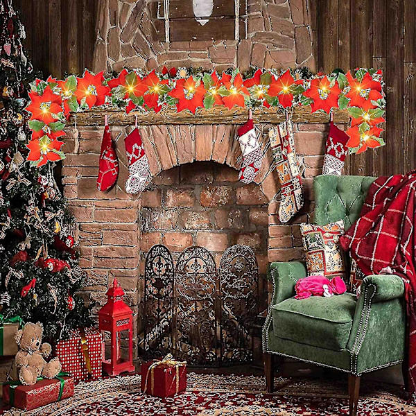 2-pack 2m julstjärna blommor girlang dekorationer, 10 LED-upplysta konstgjorda sammetsband