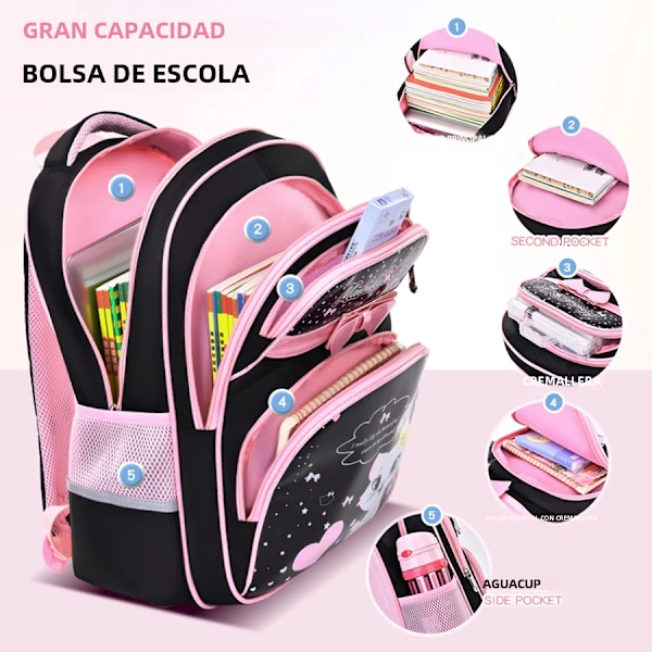 Barns skulderbagg, barneskoleelever, skolesekk, jenter, 1, 2, 3, fire, fem, seks klasser, 6-12 år gammel Black and Pink Large