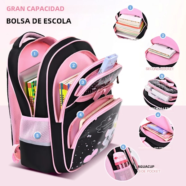 Barns skulderbagg, barneskoleelever, skolesekk, jenter 1 2 3 fire fem seks klasser 6-12 år gammel Black and Pink Small