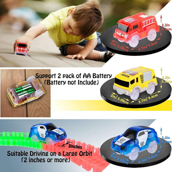 Biler, 3-pak Lysende Race Fleksible Biler med 5 LED Lys (Blå Politibil, Rød Brandbil, Gul Lastbil), Slot Car Track T