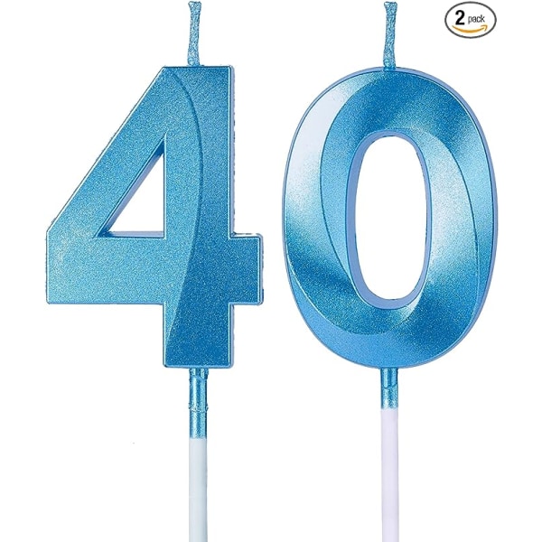 Blå 40 års bursdagslys for kaker, nummer 40 4 Glitter stearinlys kake topper til fest jubileum Bryllupsfeiring dekorasjon