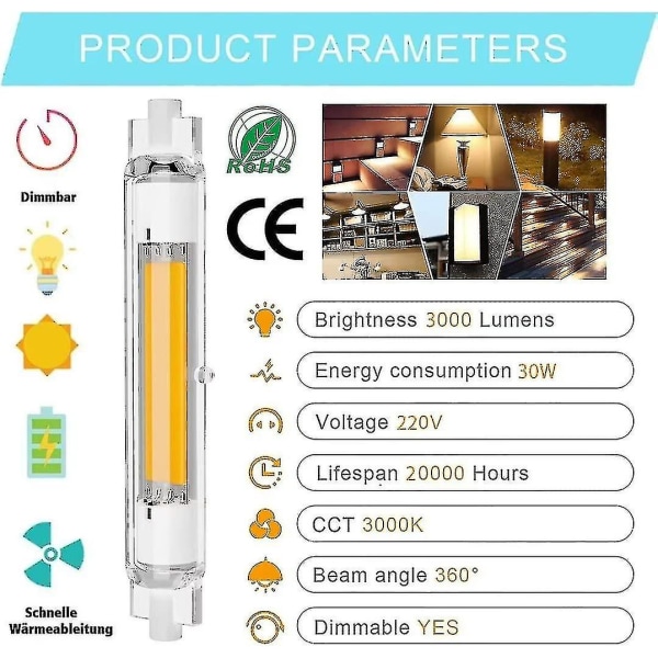 R7s 118mm LED-pære 30w dæmpbar, energibesparende Cob svarende til J118mm 300w halogenlampe, varm hvid 3000k, ingen flimmer, 3000lm, 360 graders strålebelysning