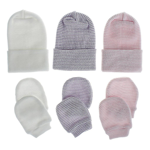 2-pack Baby Anti-Scratching Bomullsvante Dubbla Lager Hatt Set Vantar Mössa Kit