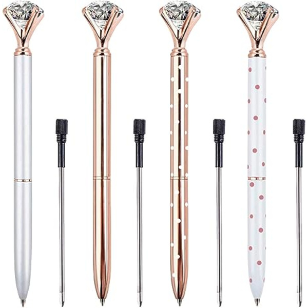 16 st stora kristalldiamant kulspetspennor Bling metall kulspetspennor Kontorsmaterial, Roséguld/Silver/Vit med rosa prickar/Roséguld med vita P