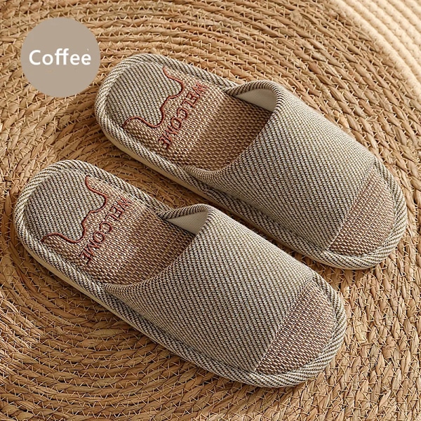 Andningsbara linneslippers för män och kvinnor, halkfria inomhusflipflops, bekväma platta strandsandaler Coffee 38-39