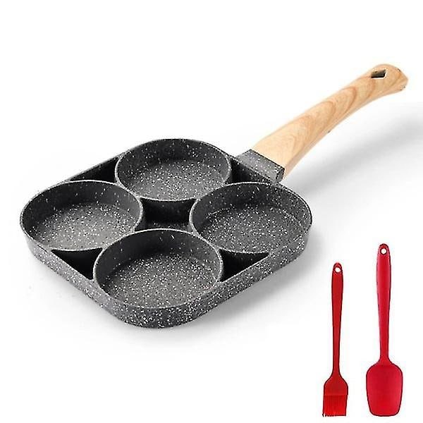 Non Stick Morgenmad Burger Æg Pandekage Maker Træ Håndtag Medicinsk Sten Fire Hul Omelet Pan