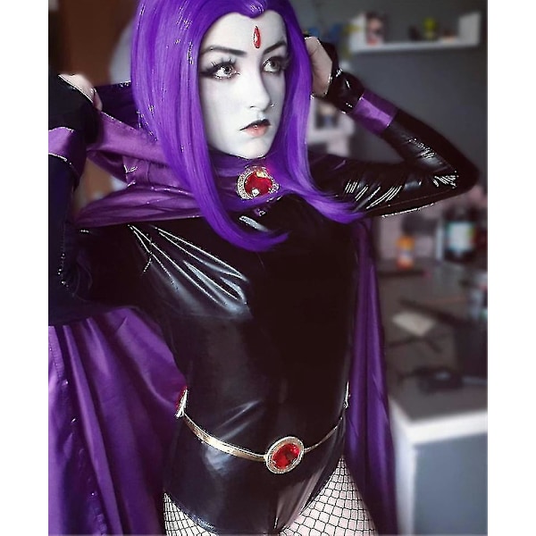 Teen Titans Raven Cosplay Costume Superheltkappe Jumpsuits Zentai Halloween Tighte Klær + Kapp + Midje Smykker Chain-h
