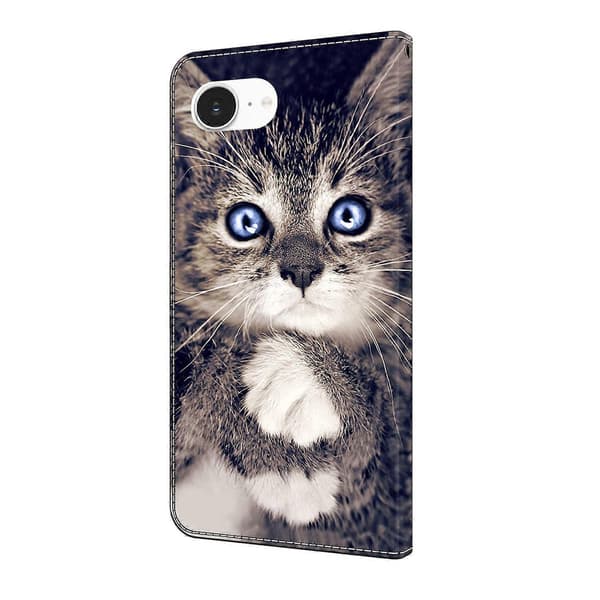 För iPhone 16e Läderfodral Mönstertryck Plånboksställ Flip Telefonfodral Hand-holding Cat