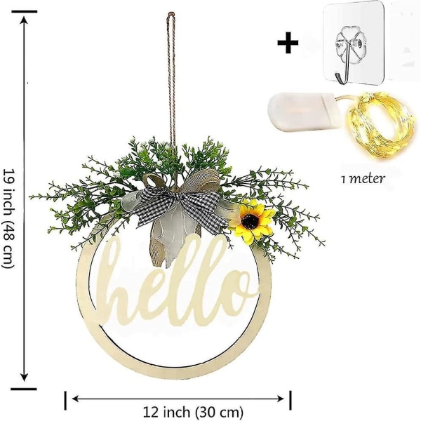 Välkommensskylt, rustik välkomstkrans i trä med LED-slingor, 30 cm välkomstskylt