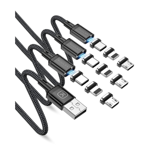 3-pak Magnetisk Opladningskabel, 3A Hurtig Opladning Telefonopladningskabler Nylonflettet med LED-lys Magnetisk USB Opladningsledning Kompatibel