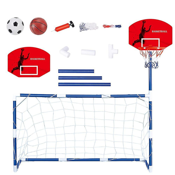 Bærbart børnefodbold-basketball-bøjlesæt indeholder basketball-bøjlefodboldmål med bold til Bo