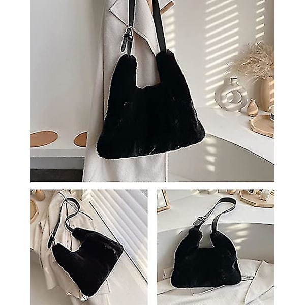 Plush Axelväska Mjuk Fluffig Tote Väska Konstpäls Crossbody Väska Justerbar Axelrem Svart