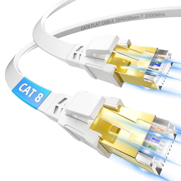 Cat 8 Ethernet-kaapeli 5m, nopea litteä Internet-kaapeli 40gbps 2000mhz Ftp suojattu Rj45 gigabitin 5 metrin sisäverkkokaapeli, Whi