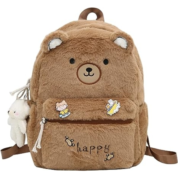 Kawaii fluffig plånboksryggsäck plyschryggsäck lurvig estetisk väska luddig väska för flickor kvinnor fuskpäls resedagryggsäckar björndesign (brun)