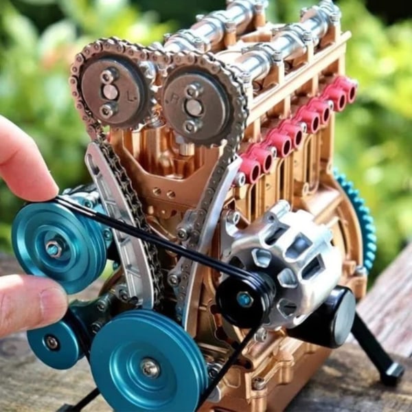 Mini Motor Model Bordmotor Legetøj, 4-cylindret Række Motor Model Byggesæt (guld)