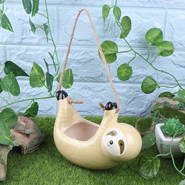 Hängande Blomkruka i Sloth-Form, Keramik, Söt Djurfigur, Väggmonterad, Succulentkruka, Behållare för Inomhusbalkong, Trädgård, Heminredning