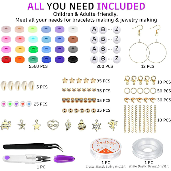 6000 stk leireperler for armbåndlaging, 24 farger flate runde polymerleireperler 6mm mellomperler Heishi-perler med anhengssett og elastiske tråder F