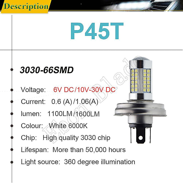 Moottoripyörän P45t R2 66smd LED-ajovalon lamppu korkea/matala säde skootterille mopedille valkoinen 6000k 6v 12v moottoripyörän etuvalolamppu