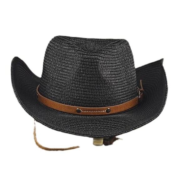 Unisex bredskygget stråcowboyhat, solbeskyttelse cowgirl/western cowboyhat, sommerstrandhat med vind snøre, foldbart design holdbart og rejse