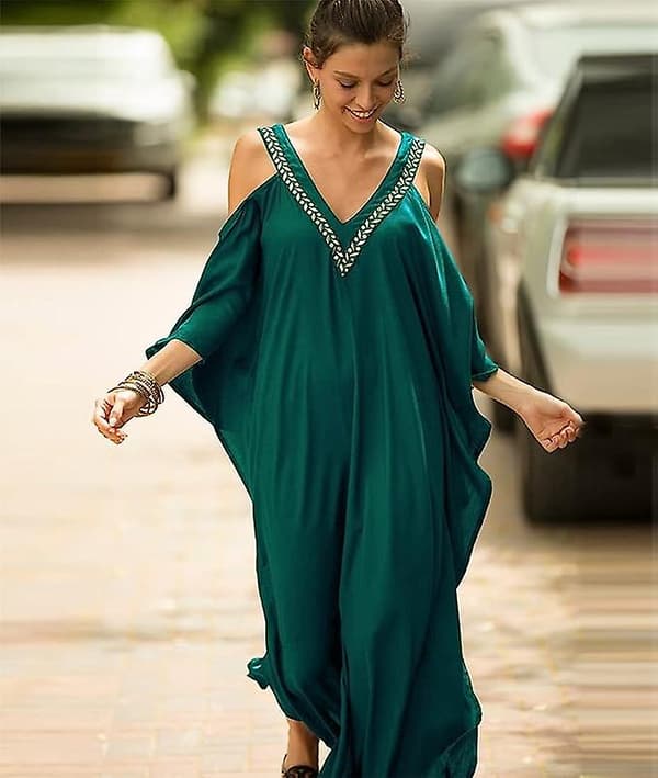 Strandklänning Maxi, Bohemisk Stil, Maxi Strandklänning Med V-ringning