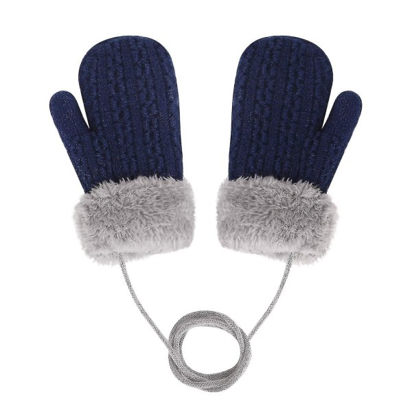 Vinterstrikkede hansker med hengehalsstreng Tykkede plysjhansker for barn (farge: blå)