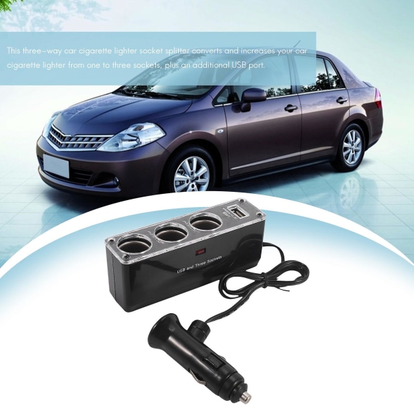 3-vejs Multi-stik Bil-tænderstik Splitter USB-stiklader DC 12V/24V Triple Adapter med USB-port
