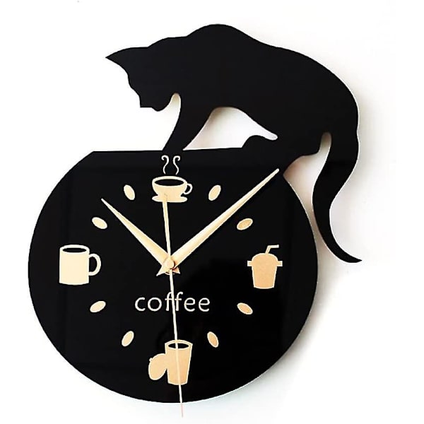 Vægklokke i tegnestil med klatrende kat, kaffekop og \"kaffe\"-skrift