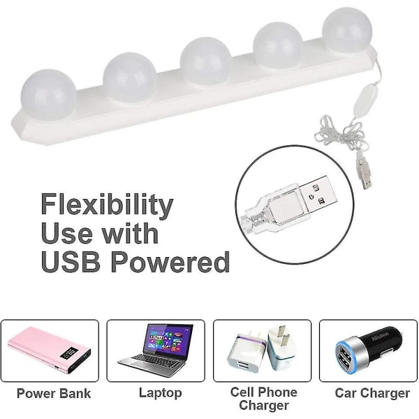 LED-speillampe - 5 LED-pærer - Hollywood-stil - Sminkelampe - Dimbar - USB