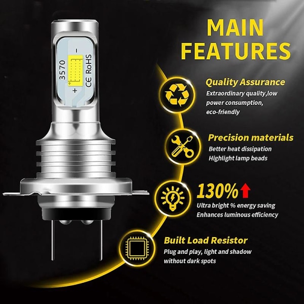 H7 Led Canbus -ajovalot H7 Led Lähivalolampput 6000k Ip 68 Csp 3570 Led-siruilla