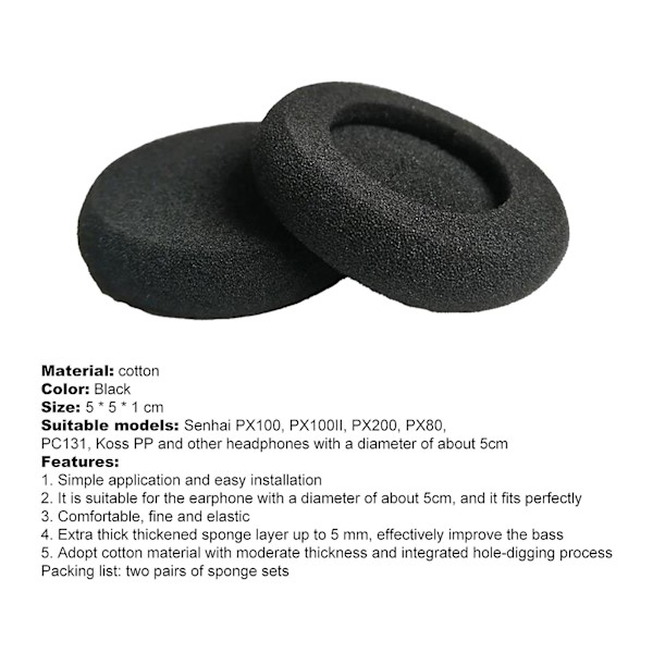 2 Par 5cm Myke Hodetelefoner Skum Deksel Øreputer Puteerstatning For Sennheiser Px100/px100ii/px200/px80/pc131/koss Pp