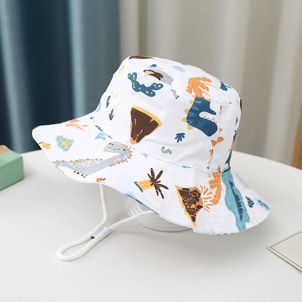 Flickor UV Bomull Panama Solhattar Barn Cartoon Bucket Hat Toddler Fiskare Cap Ny 01 Forest dinosaur 52cm