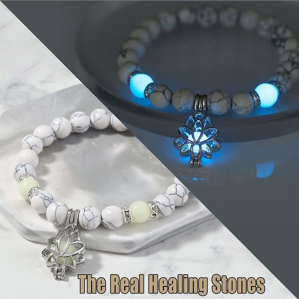 2 kpl Anxiety & Destress -rannekoru, pimeässä hehkuva Lotus Yoga Healing Stone -rannekorut, valoisa, pimeässä kuussa hehkuva lootuskukan muotoinen viehätysranneke