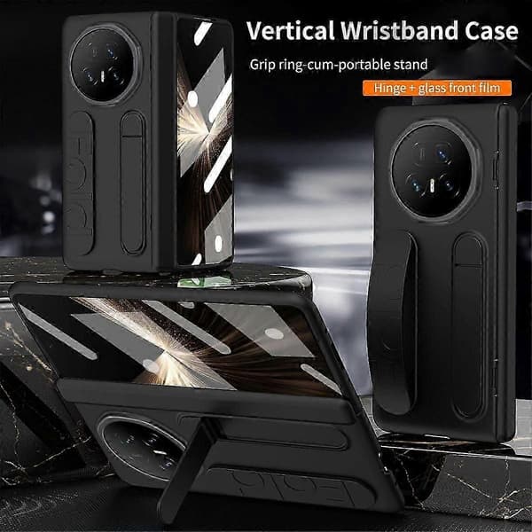 Til Honor Magic V5 5G etui med støtteben og håndledsrem, hårdt PC-telefoncover Black