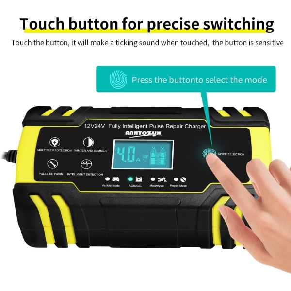 12V/24V 8Amp Automatisk Batteriladdare med 3-stegs Laddning, 6 Laddningslägen och LCD-skärm, Intelligent Laddning, Reparation, Underhåll
