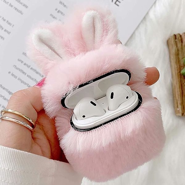 Fodral för Airpods 1 Fodral Airpods 2 Fluffy Rabbit Fodral Cover Plysch Päls Mode Söt Kaninöron Faux Päls PC Skyddande Fodral Resistent Fodral för Airpods