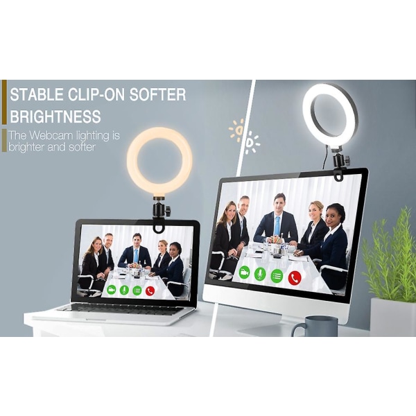 2023 - Belysningssæt til videokonferencer, 6" Led Selfie-ringlys, Clip On Laptop-skærm til Webcam Lightin