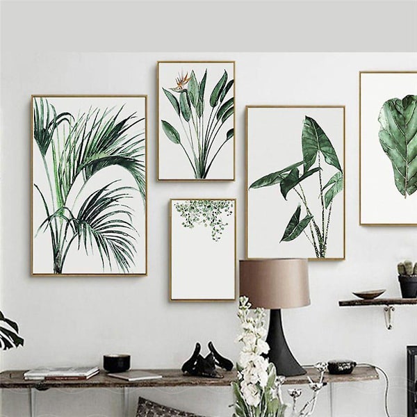 Set med 3 affischer, gröna växtblad väggbilder, moderna canvasbilder, konstbilder utan ram natur väggposter väggdekor för vardagsrum