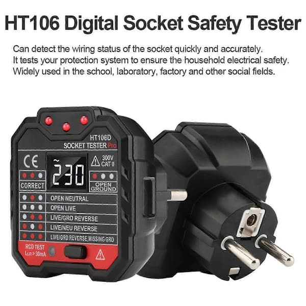 Multifunksjonell stikkontakttester med LCD-spenningsdisplay og kretsbryterfinner Elektrisk tester Flerfarget British regulations