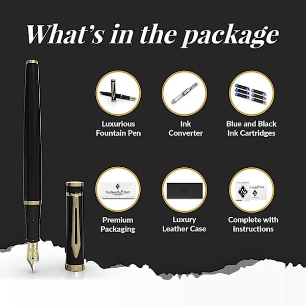 Fountain Pen Sæt, 18k Forgyldt Ekstra Fin Nib, Inkluderer 24 Pakke Blækpatroner, Blæk Påfyldningskonverter & Gaveæske, Guld Finish, Kallig